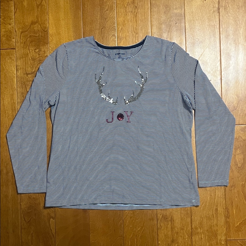 Lands' End Navy & White Striped Holiday Top Size L P Joy Christmas Party Sequins